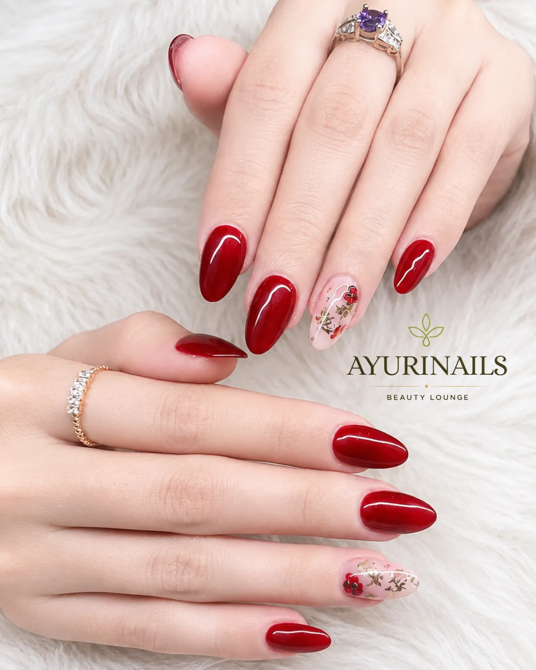 deep red almond nails with encapsulated dried floral accent nail, AyuriNails Beauty Lounge Makati